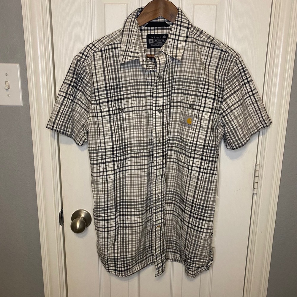 Carhartt Button‎ Down Shirt Mens Medium Relaxed Short Sleeve Plaid Black White
